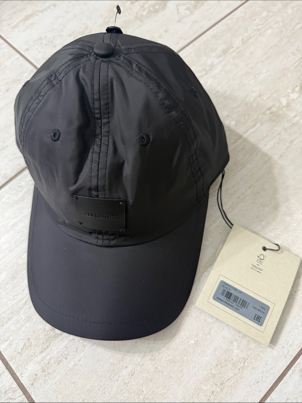 All Saints Black Men's Baseball Cap - Designer Plaque ..NWT..silver snap back